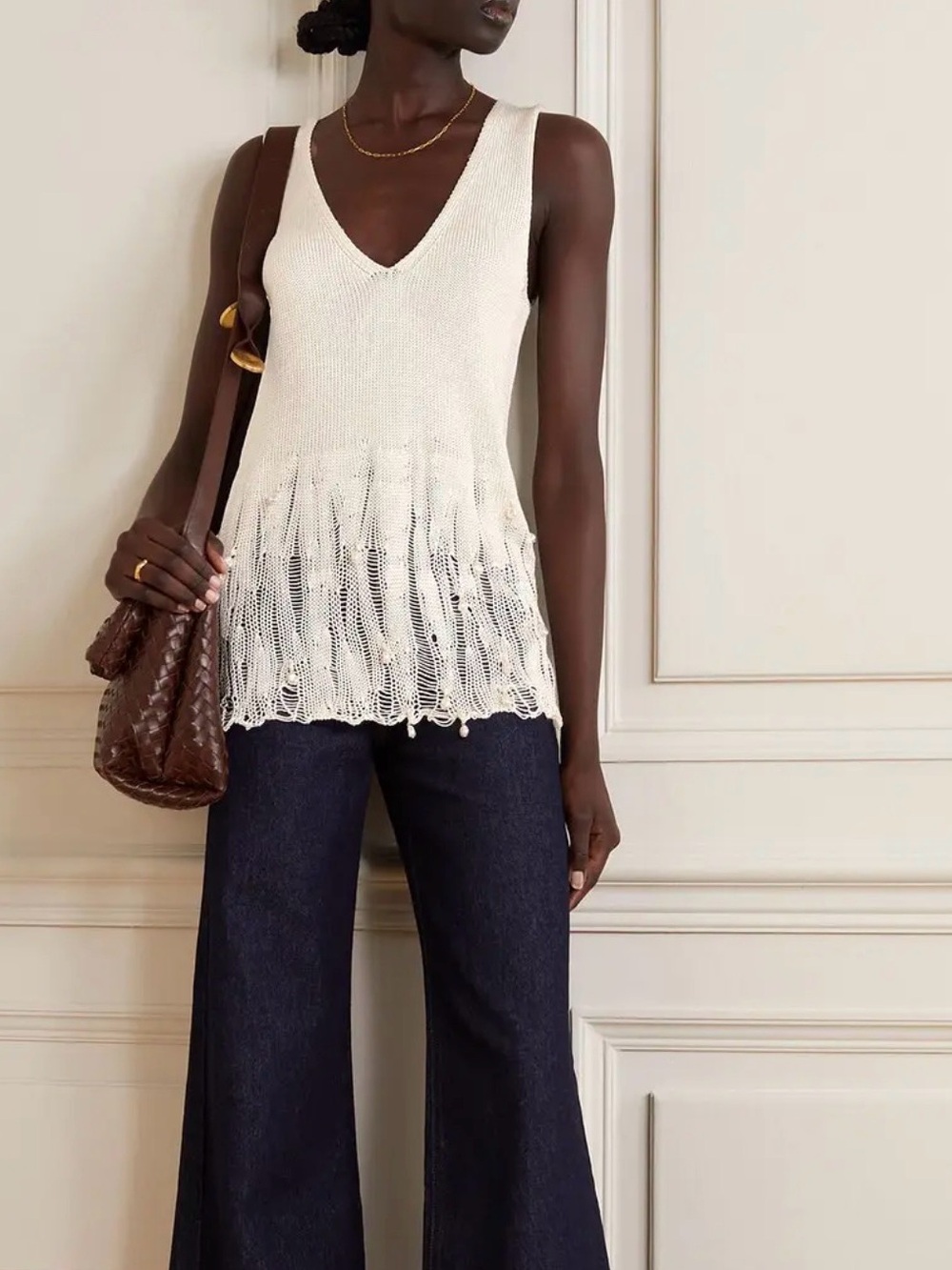 Altuzarra Wyman Faux Pearl-embellished distressed silk tank